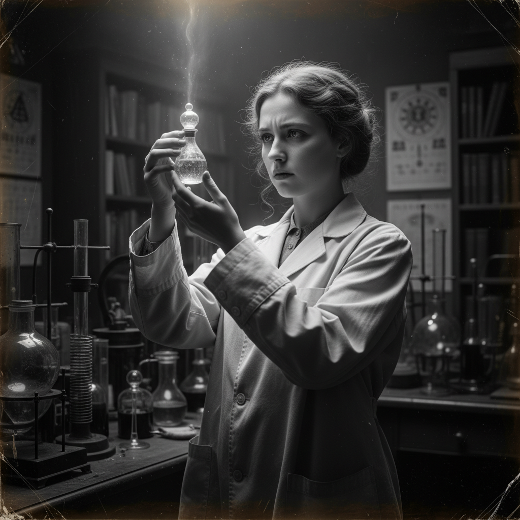 A candid shot of a young female researcher in a 1930s lab coat, tilting a glass vial toward the light, her face illumina