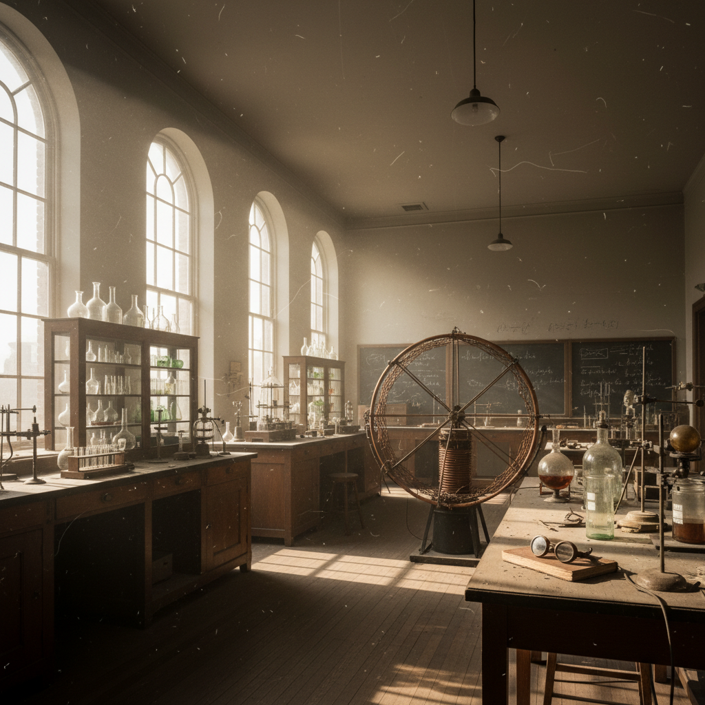 A wide shot of the empty interior of a classic 1940s laboratory, sunlight streaming through tall windows, dust motes dan