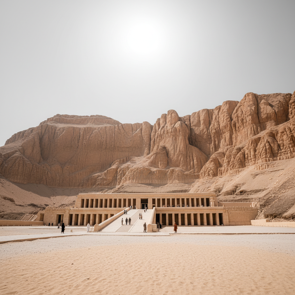 A wide-angle shot of the mortuary temple of Hatshepsut at Deir el-Bahari, the white limestone terraces stark against the