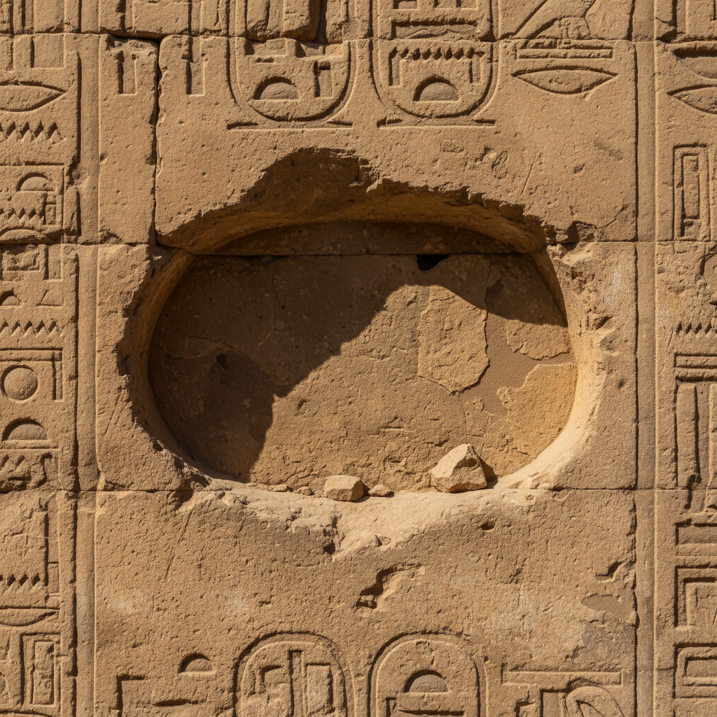 A wall at Karnak where the stone has been deeply gouged in the shape of a cartouche, leaving a scarred, empty oval where