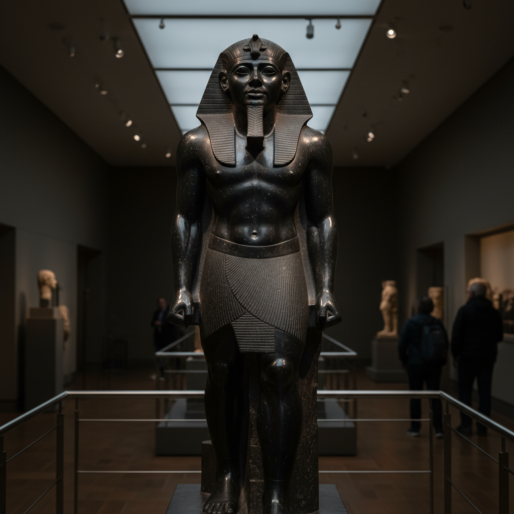 A statue of Thutmose III in dark schist, his expression enigmatic and muscular, the stone polished to a mirror-like shee