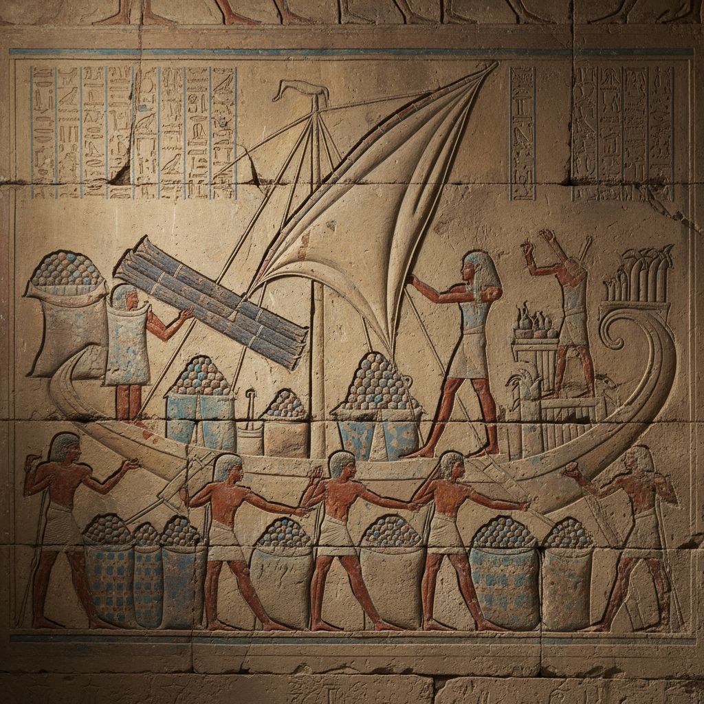 A vivid relief from the Punt colonnade showing Egyptian sailors loading a ship with heaps of frankincense and exotic woo