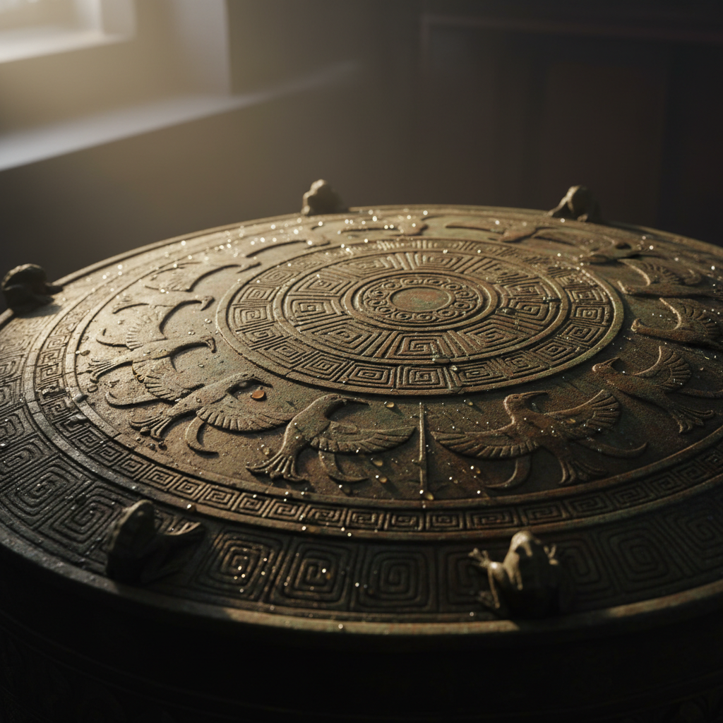 A close-up of an ancient Dong Son bronze drum, its surface etched with intricate geometric patterns and stylized birds, 