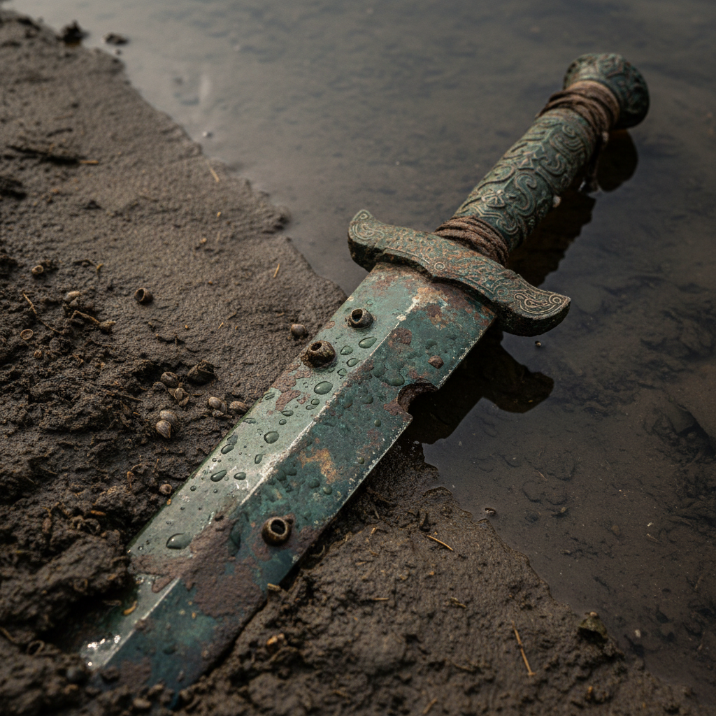 A detailed close-up of a Han Dynasty bronze sword, its blade notched and tarnished, lying partially submerged in the dar