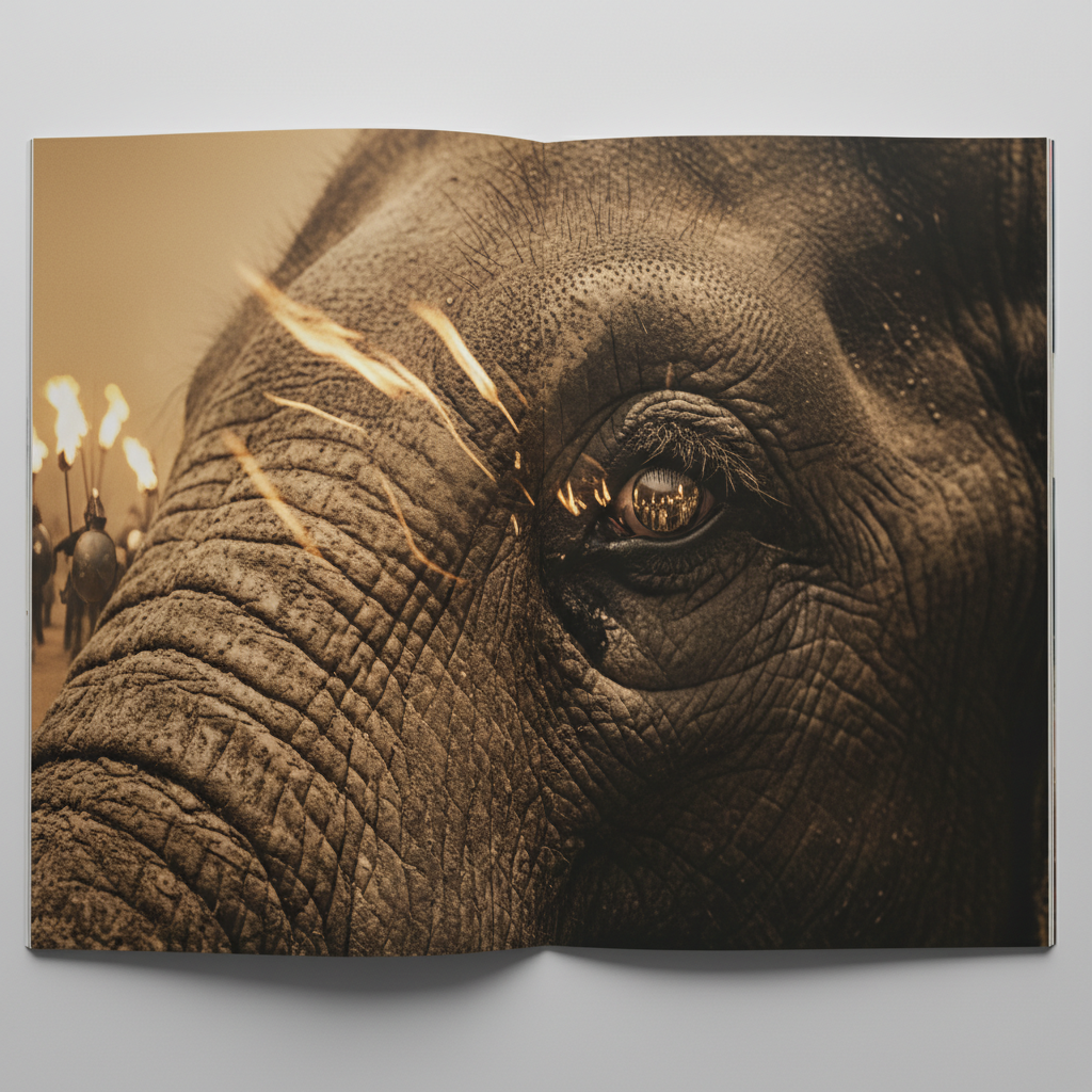 A close-up of a war elephant’s eye, ancient and wrinkled, reflecting the chaotic flicker of torchlight and the glint of 