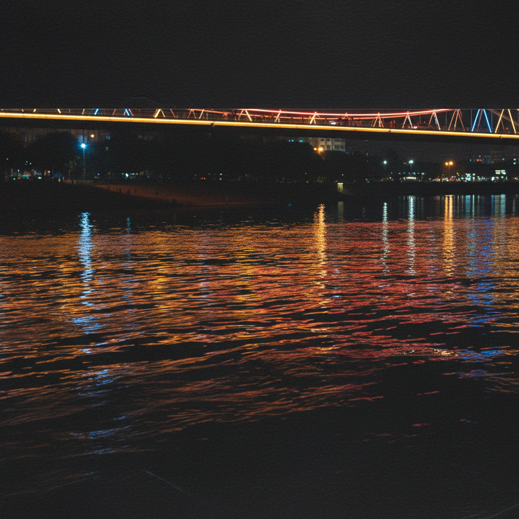 A close-up of the Red River’s surface at night, the dark water rippling in the wake of a passing boat, reflecting the ne