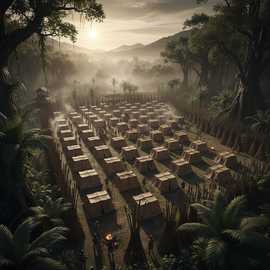 A panoramic view of a Han military encampment at dawn, a sea of rigid, geometric tents and stacked spears standing in st