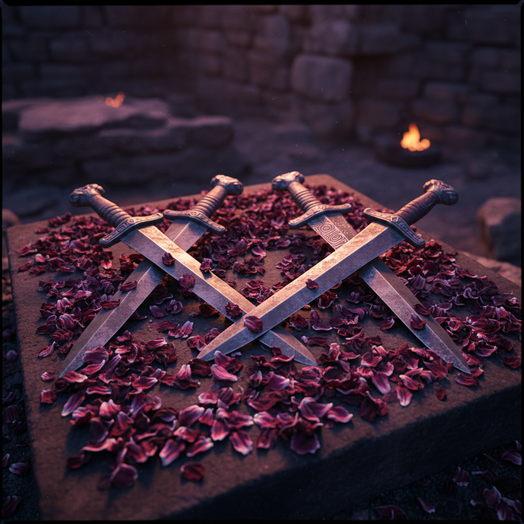 Two pairs of bronze daggers lying crossed on a bed of crushed hibiscus flowers, their blades reflecting the bruised, pur