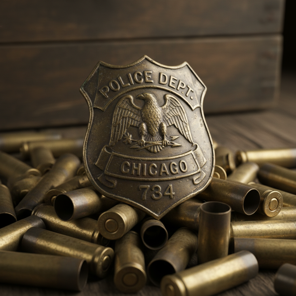 A close-up of a tarnished police badge from the 1920s resting on a pile of spent brass shell casings.