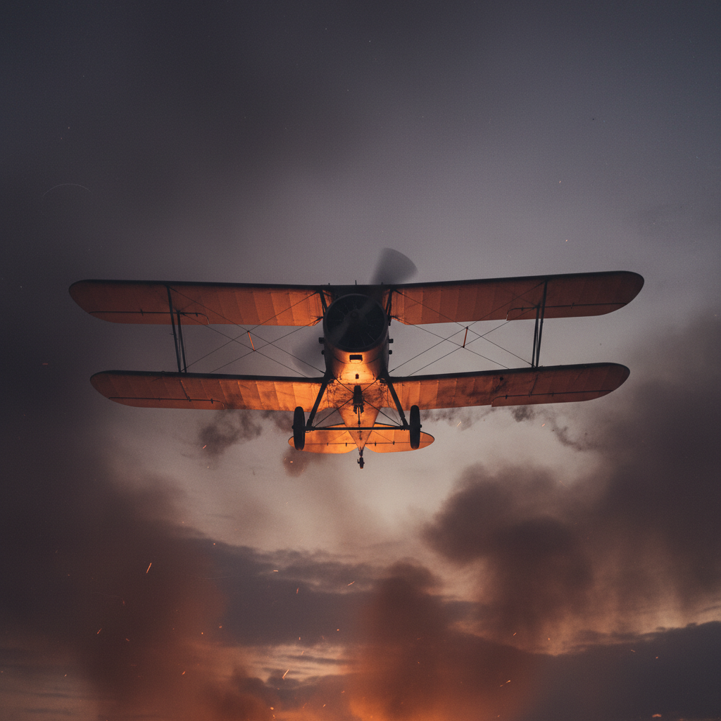The silhouette of a biplane against a dark, smoke-filled sky, with orange glows reflecting off the underside of its wing