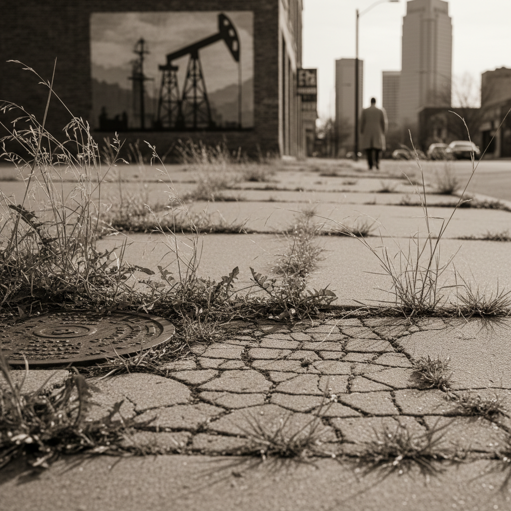 A cracked, weed-choked sidewalk in modern Tulsa, with a small, rusted plaque partially obscured by overgrown grass.