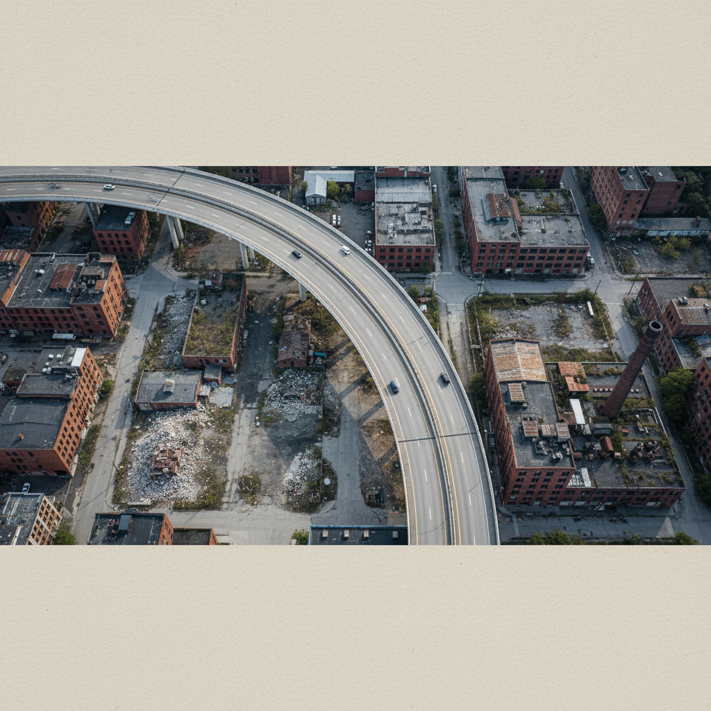 A modern drone shot of a highway overpass cutting through a city grid, with the stark contrast of empty lots and industr