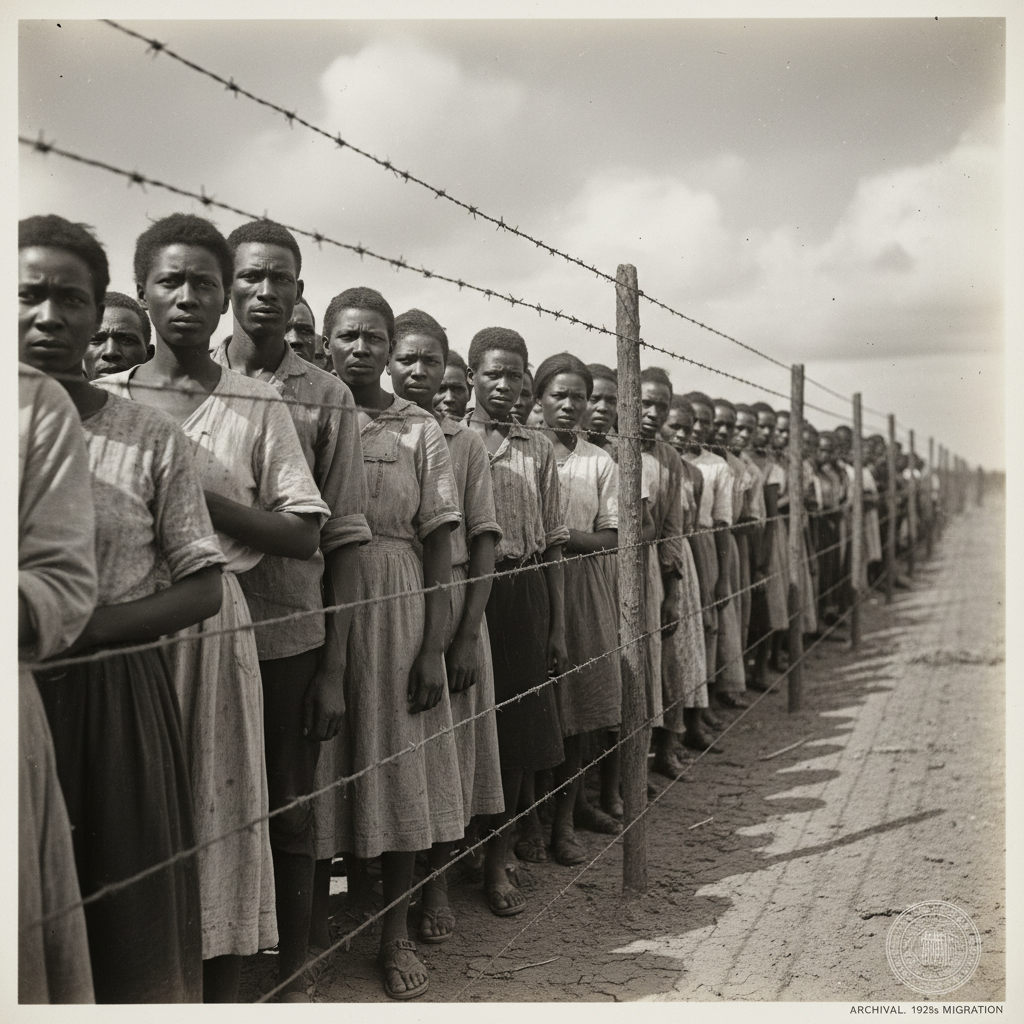 A long line of African American men and women standing behind a barbed-wire fence, their expressions a mix of exhaustion