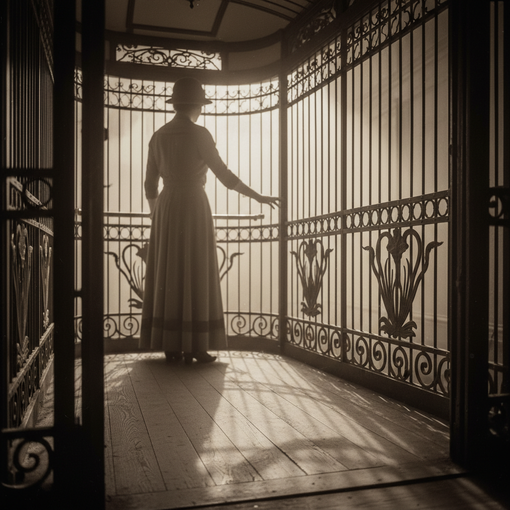 The narrow, dark interior of a 1920s birdcage elevator, light filtering through the decorative ironwork onto a wooden fl
