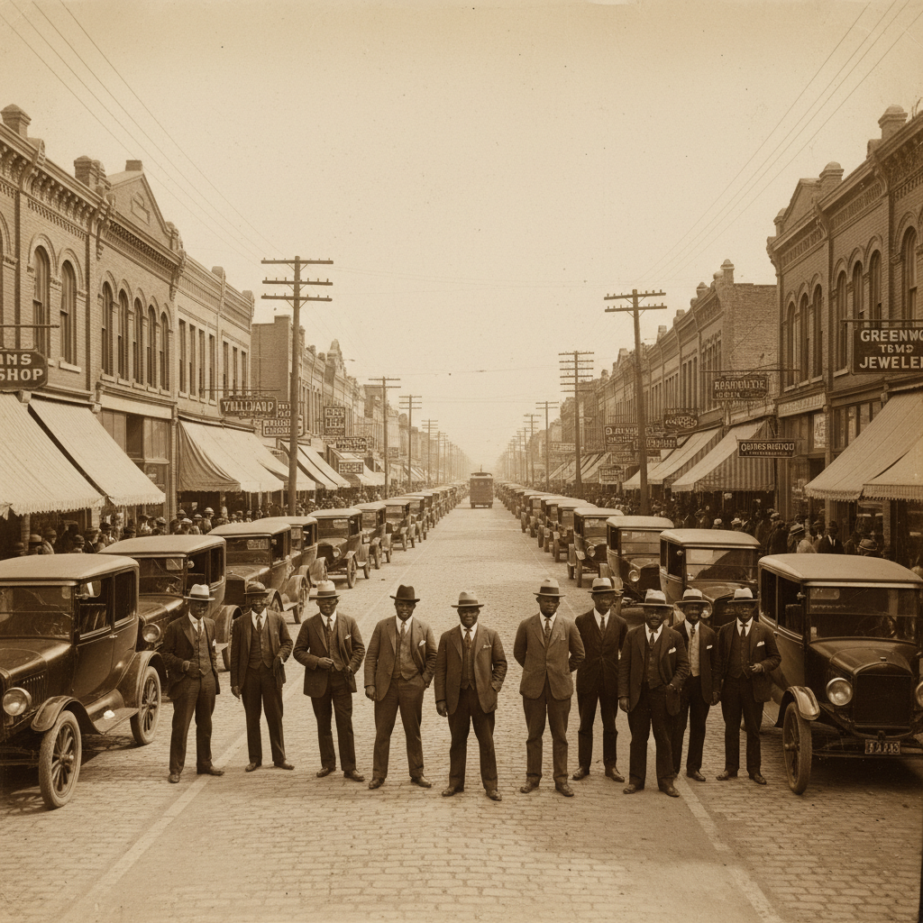 A sepia-toned panoramic view of Greenwood Avenue in 1920, bustling with Ford Model Ts and men in sharp fedoras standing 