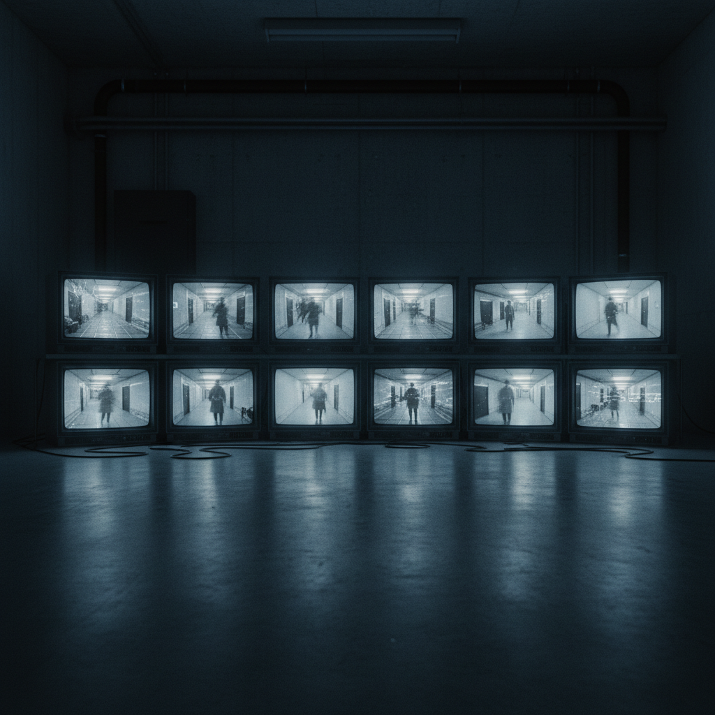 A row of television monitors in a darkened room, each screen showing a different angle of the same hallway, the images f