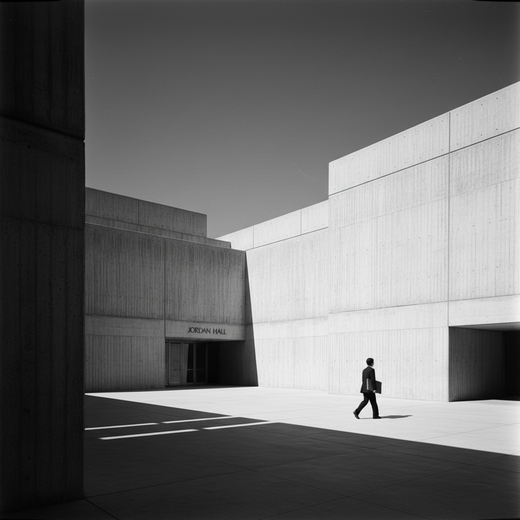A low-angle shot of the Jordan Hall exterior at Stanford University, the brutalist concrete walls shimmering under a har