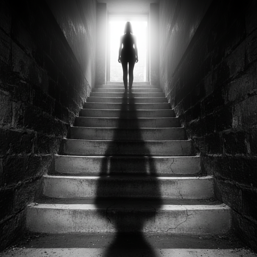 A silhouette of a woman standing at the top of the basement stairs, her figure framed by a bright, blinding light that p
