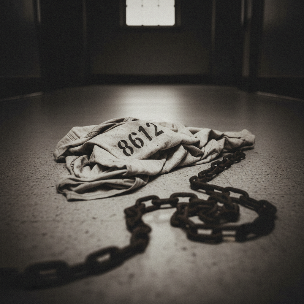 A grainy, low-angle shot of a discarded muslin smock lying on the linoleum floor, the number '8612' visible through the 