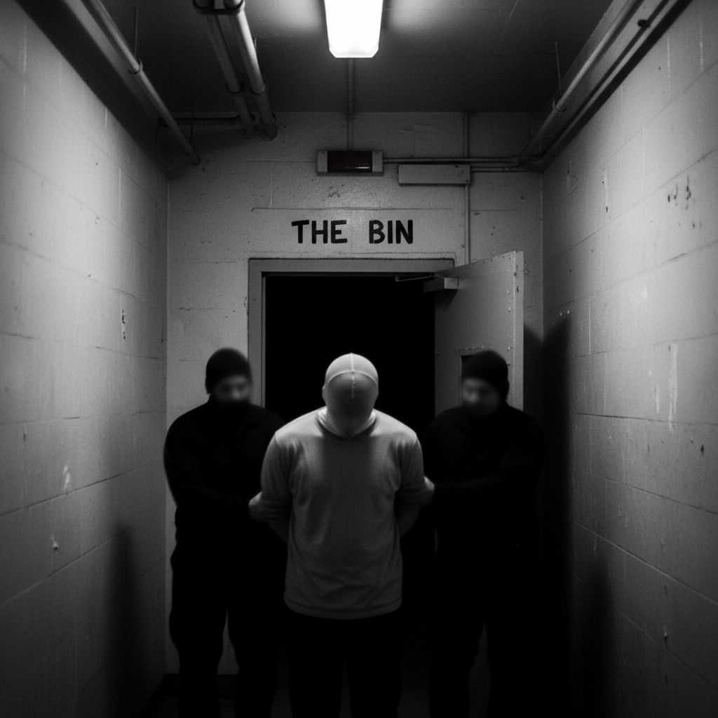 A blurred, high-contrast shot of a prisoner being led down a dark hallway toward "The Bin," his head covered in a nylon 