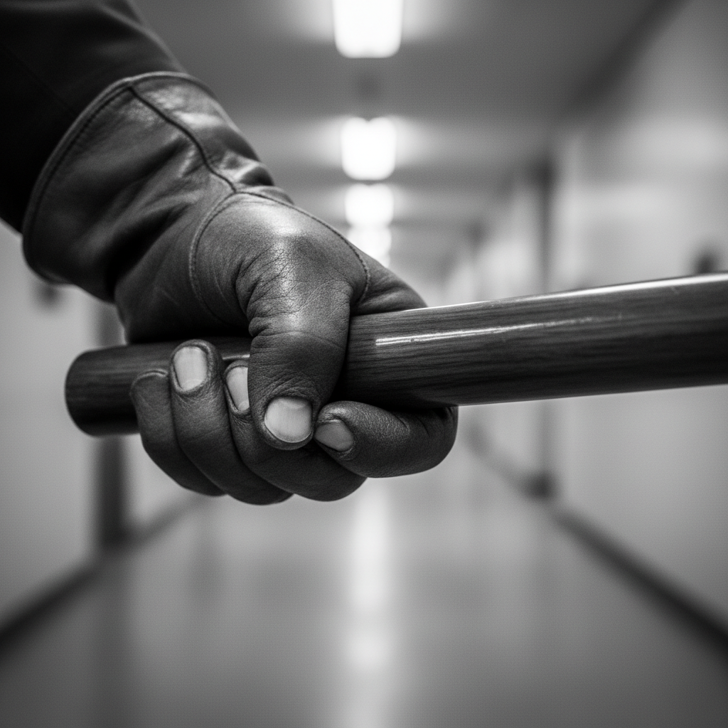A black-and-white close-up of a guard’s hand gripping a wooden baton, the knuckles white, the polished wood reflecting t
