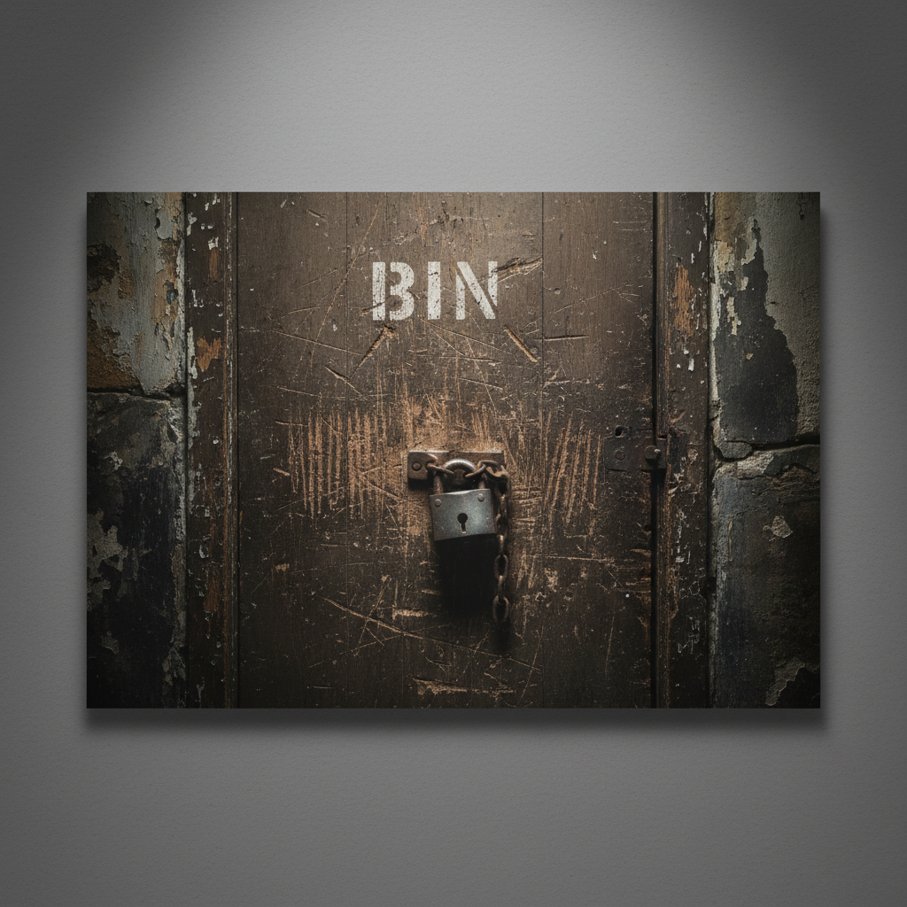 A tight, claustrophobic shot of the "Bin" door, the wood scarred by fingernail scratches, a single padlock hanging heavy