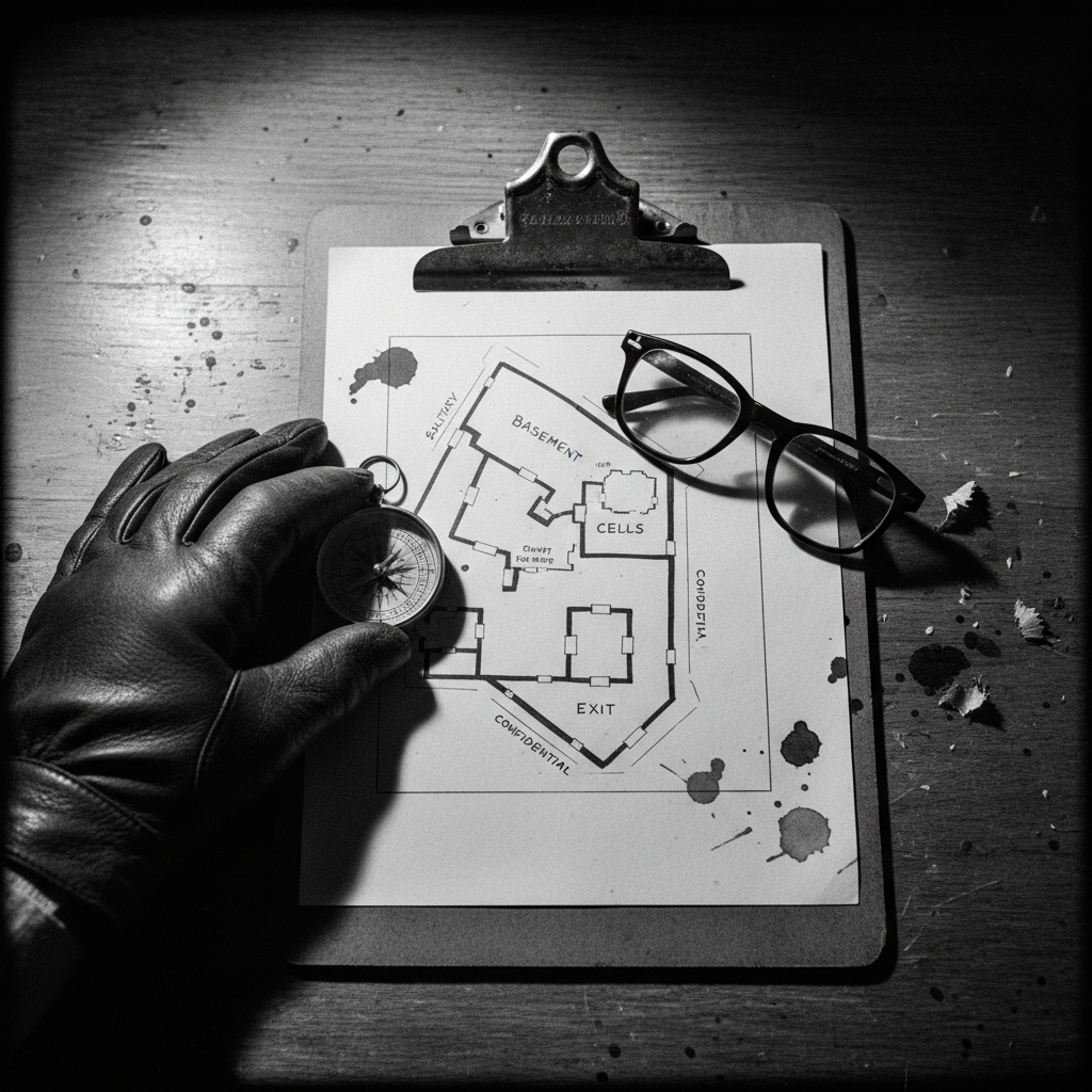 A grainy, high-contrast photograph of a clipboard on a wooden table, a hand-drawn map of the basement cells pinned benea