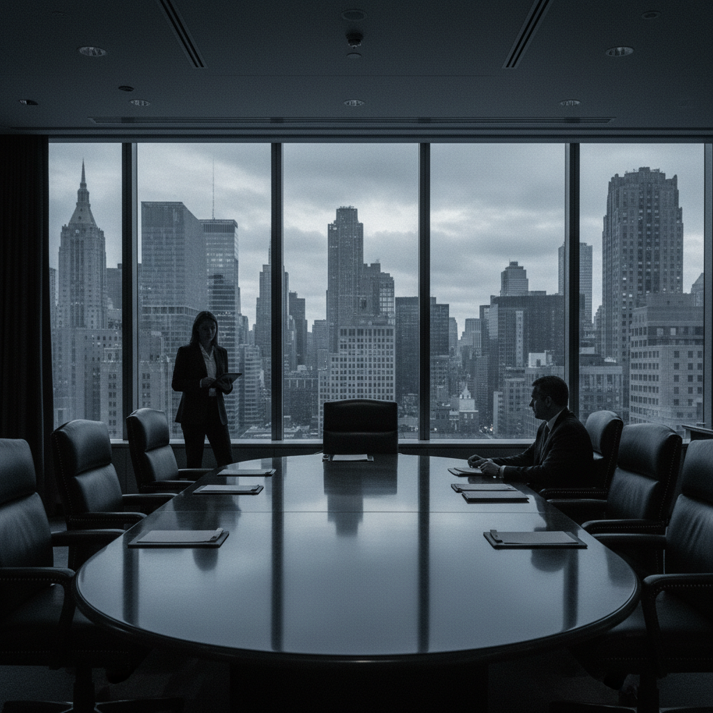 A grainy, wide-angle shot of a New York boardroom; high-back leather chairs surround a polished mahogany table that refl