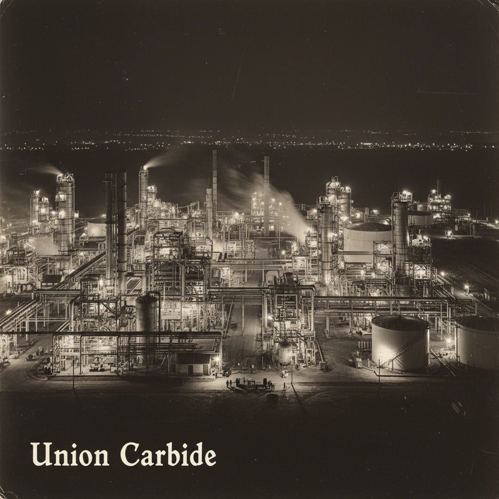 A vintage aerial photograph of the Union Carbide plant at night, its sprawling network of pipes and towers illuminated b