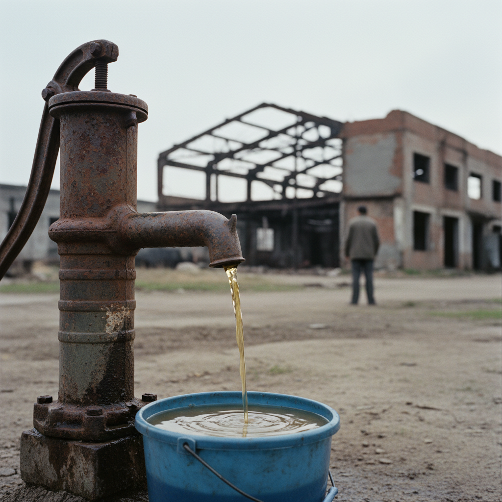 A close-up of a rusted iron hand-pump in a dusty courtyard; a thin stream of yellowish water flows into a plastic bucket