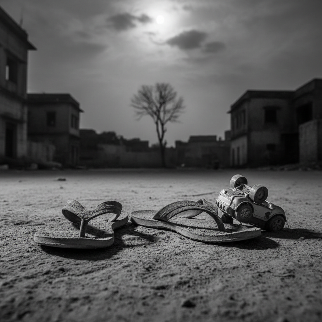 A stark, black-and-white close-up of a discarded pair of sandals and a child's plastic toy lying in the thick dust of a 