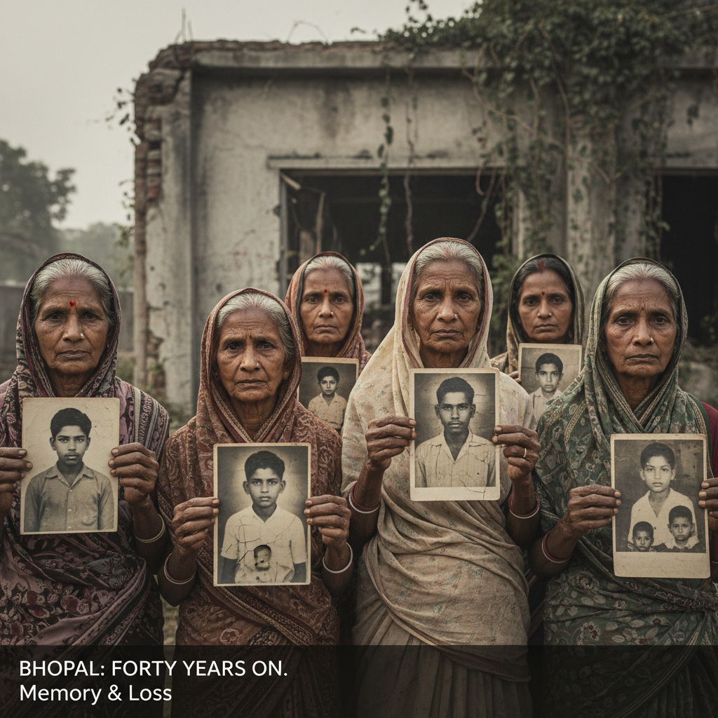 A group of elderly women in Bhopal, their faces etched with deep lines of exhaustion, holding up faded, black-and-white 
