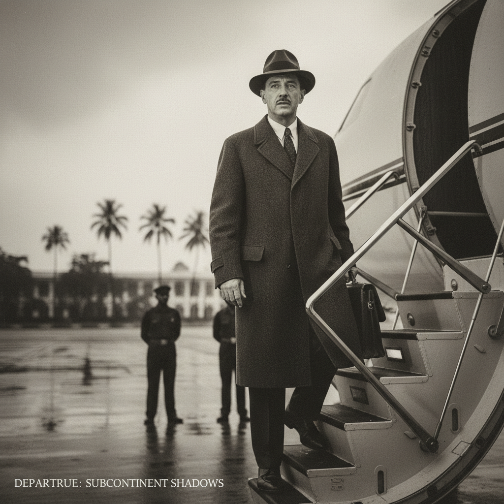 Warren Anderson, dressed in a sharp, dark overcoat, stepping onto the stairs of a private jet, his face a carefully main