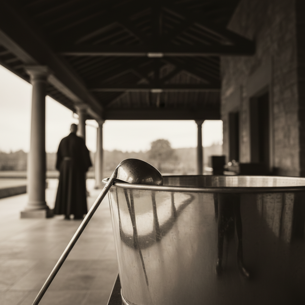 A low-angle shot of the galvanized steel tub, its surface reflecting the dark rafters of the pavilion, with a silver lad