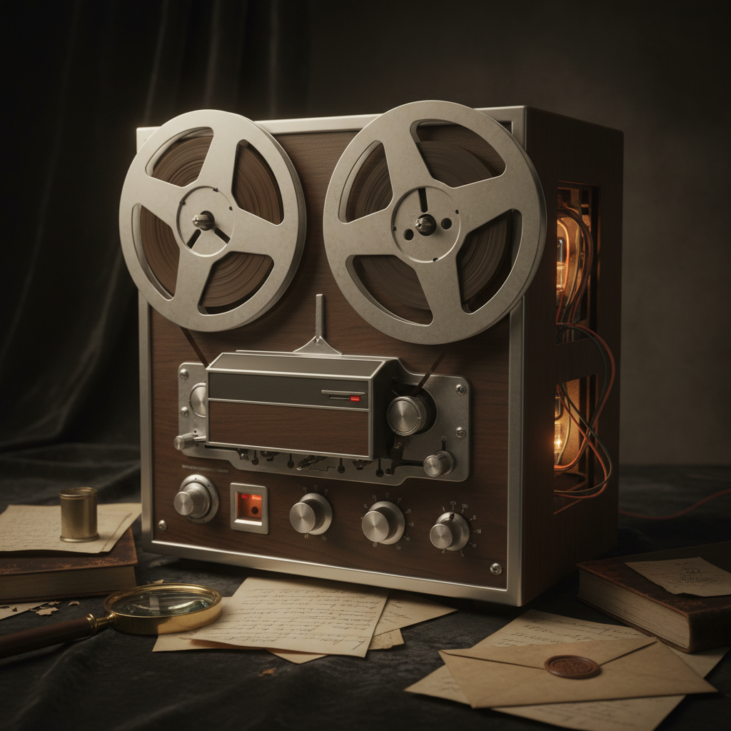 A vintage reel-to-reel tape recorder, the brown magnetic tape spooling slowly through the silver heads.
