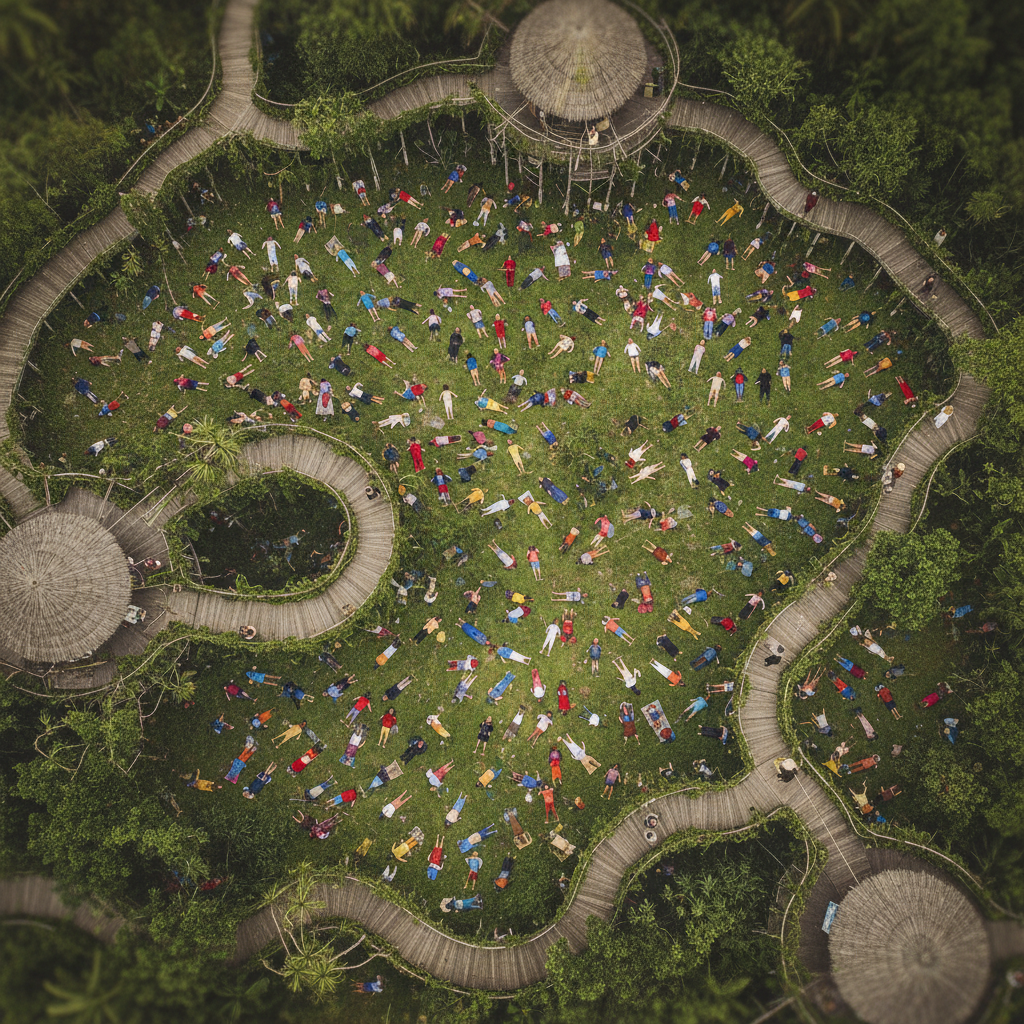 An overhead view of the settlement taken days later, the colorful shapes of the bodies scattered like confetti across th