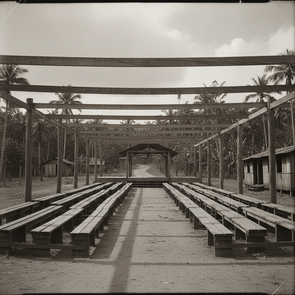 A wide shot of the Jonestown pavilion under a heavy tropical sky, wooden beams casting long shadows over empty benches.