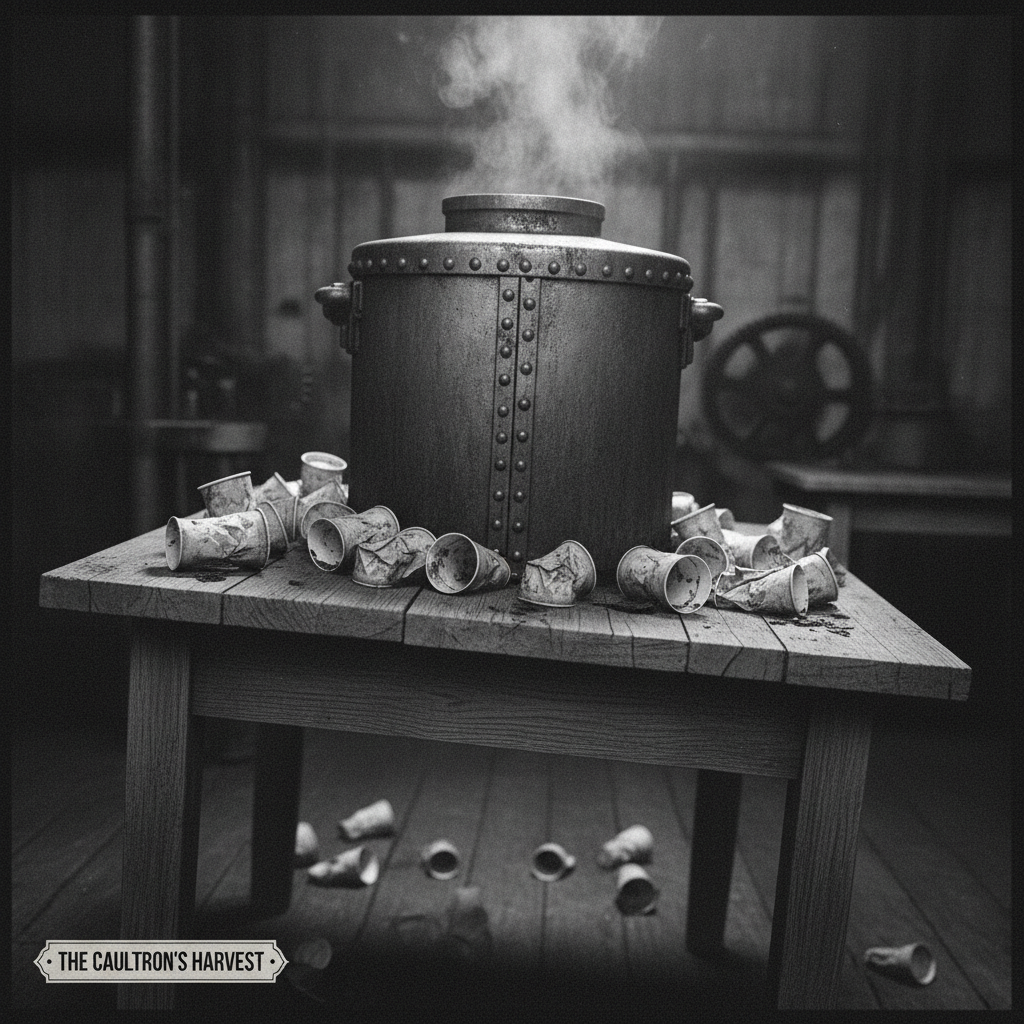 A grainy black-and-white photo of a large metal vat sitting on a wooden table, surrounded by discarded paper cups.