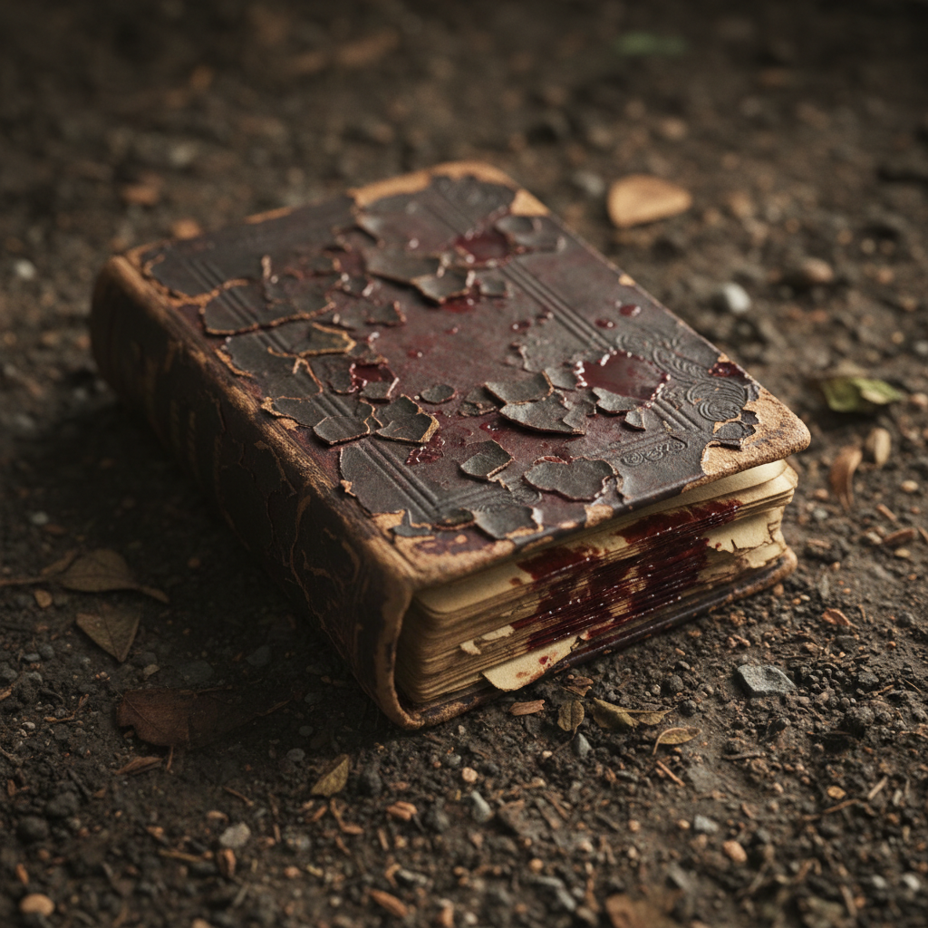 A close-up of a tattered hymn book lying face down in the dirt, its pages stained with a dark, dried liquid.