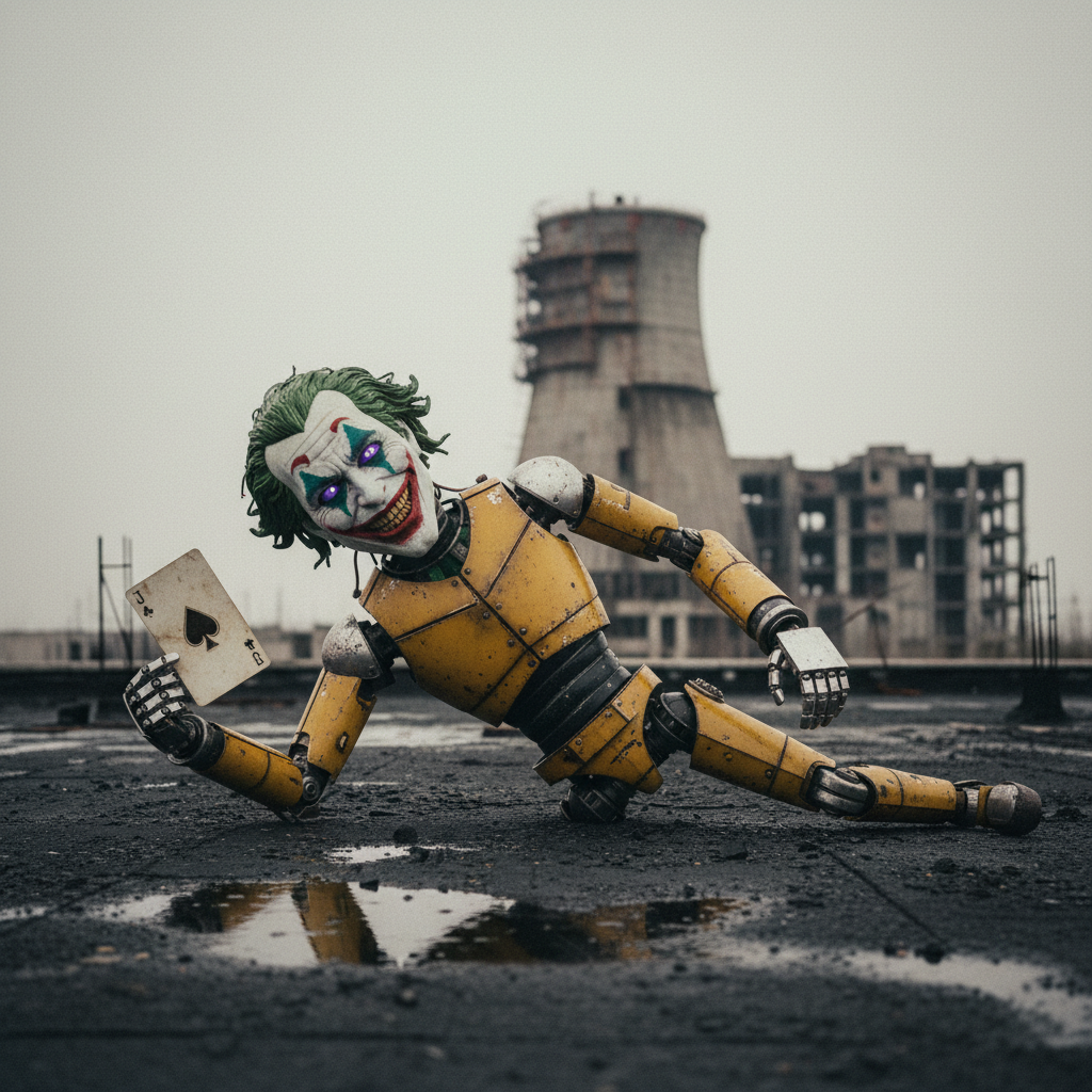 The Joker robot, a stark yellow machine, sits motionless and tilted on the dark, graphite-strewn roof of the reactor; in