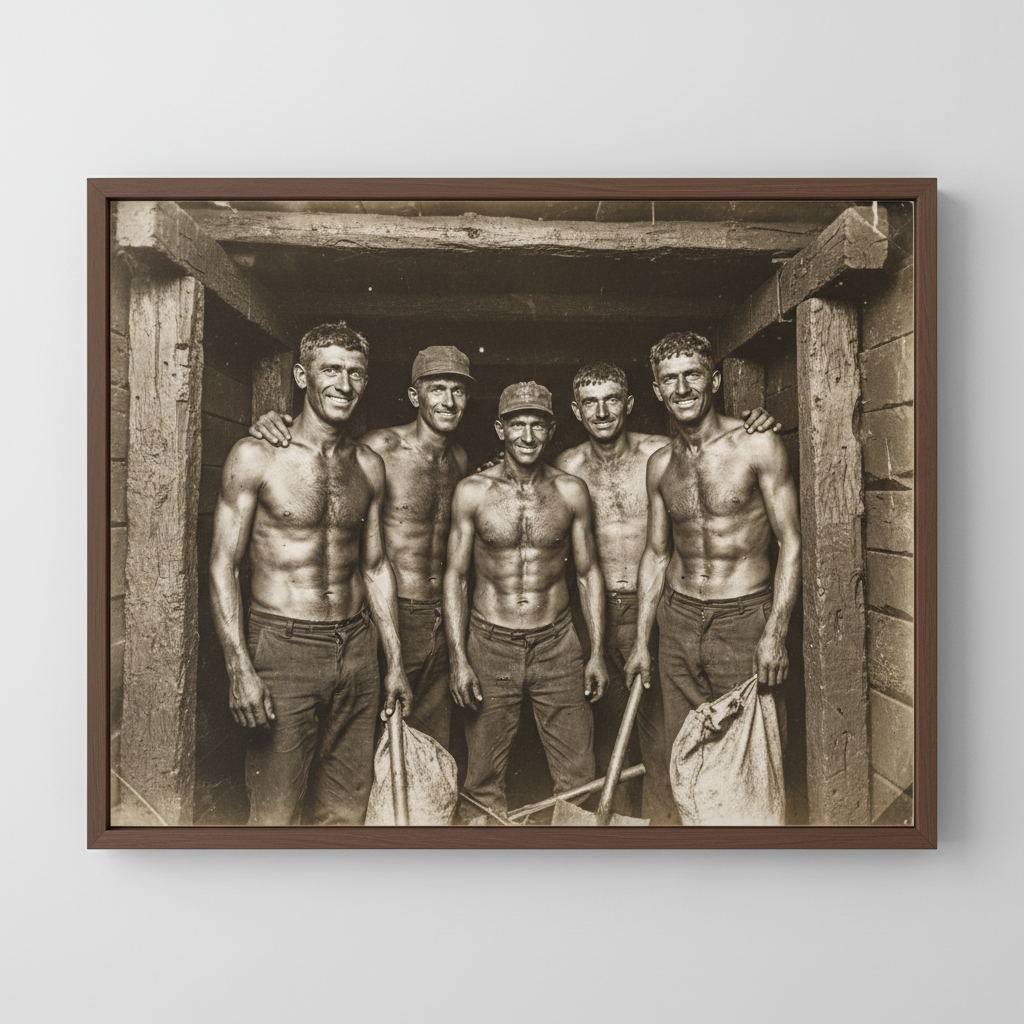 An archival photograph of a group of coal miners, shirtless and covered in black soot, grinning at the camera while sitt
