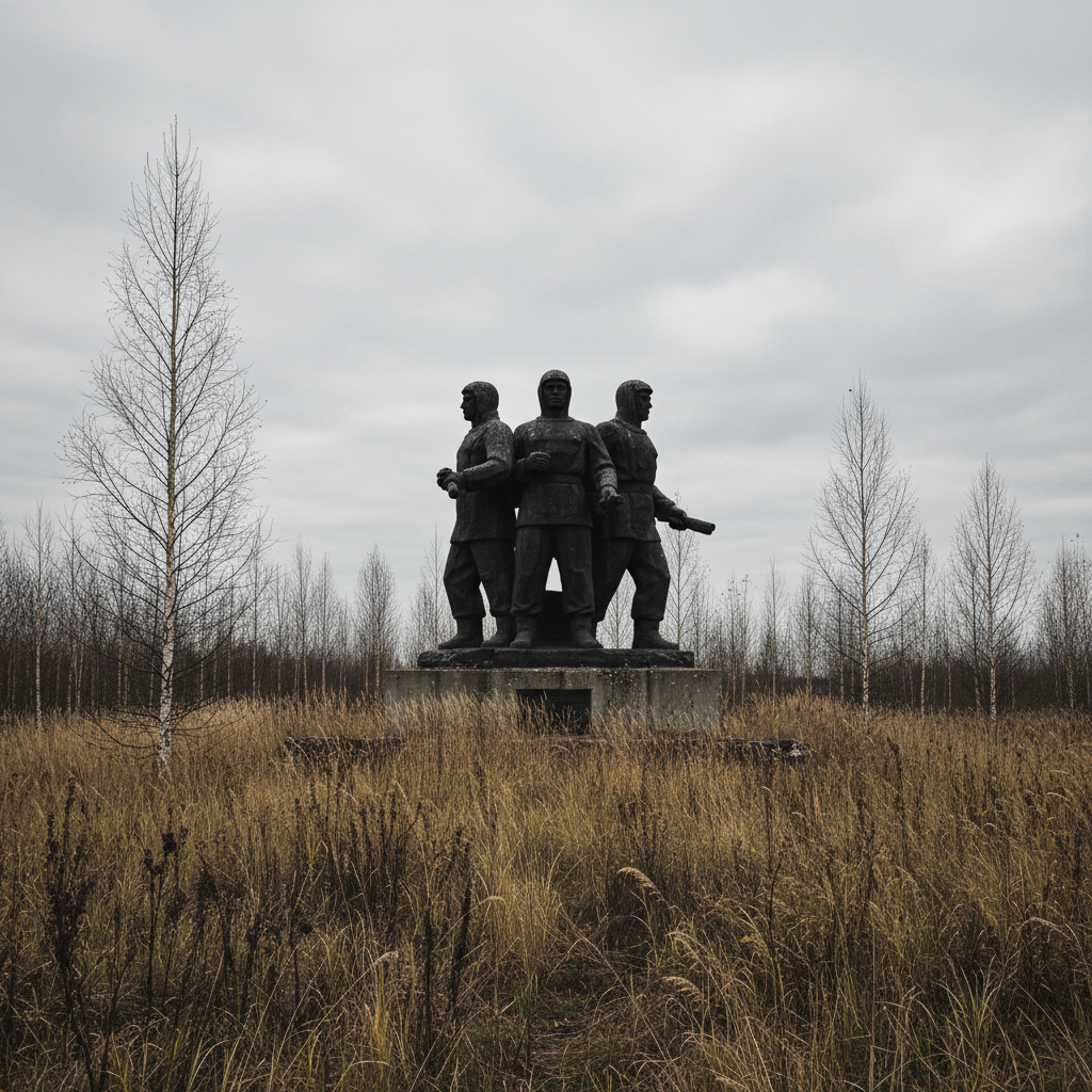 A wide shot of the Monument to the Liquidators in Chernobyl; the concrete figures are silhouetted against a grey, overca