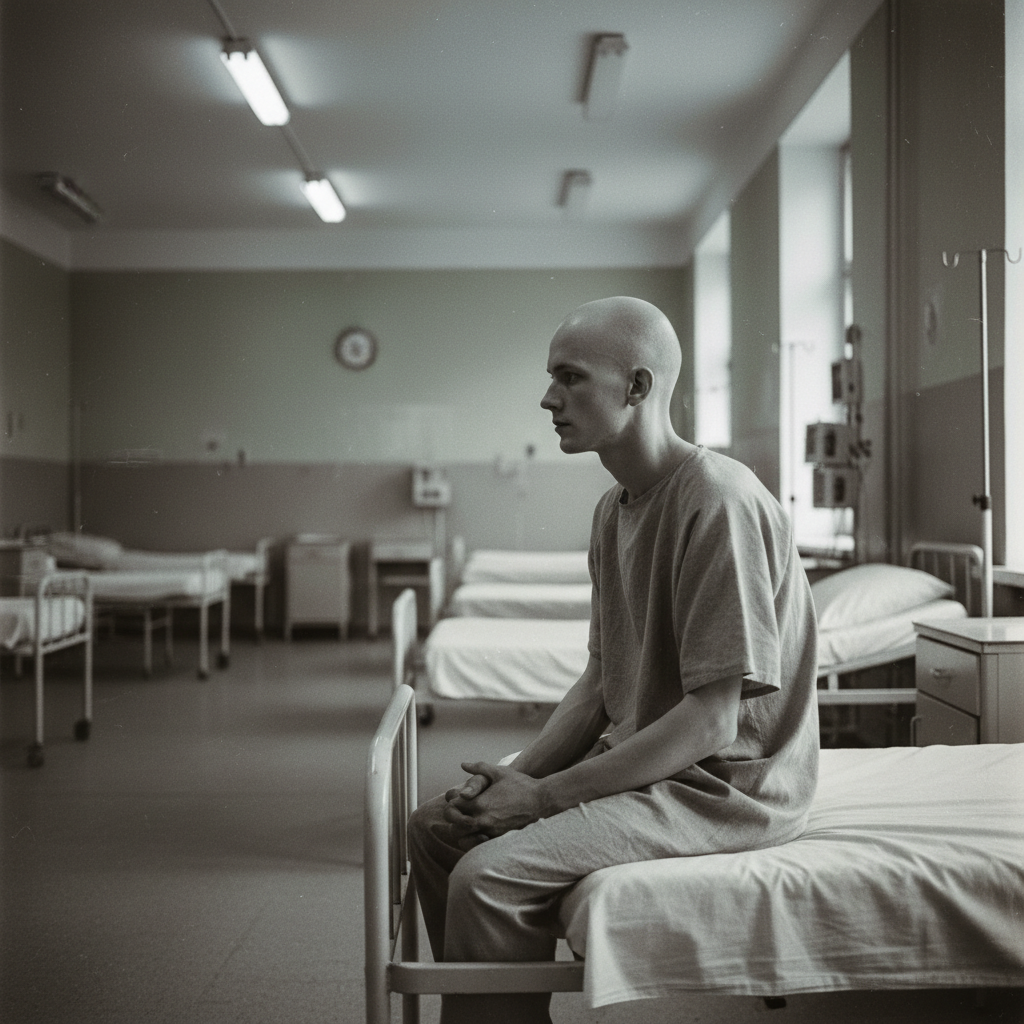 A medical ward in a Moscow hospital, 1987; a young man sits on the edge of a bed, his head completely bald and his gaze 