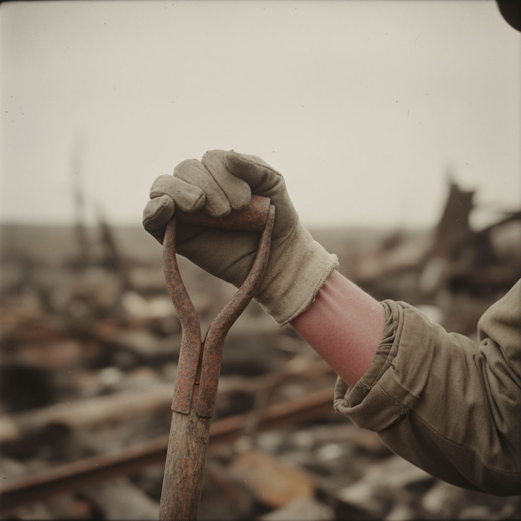A close-up archival photograph of a liquidator’s hand gripping the handle of a rusted iron shovel; the knuckles are whit