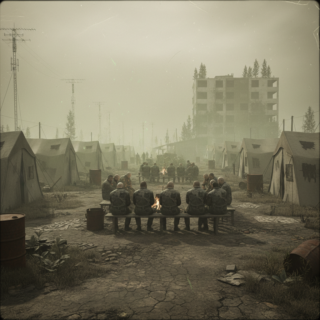 A wide, atmospheric shot of a tent city in the Exclusion Zone, shrouded in a thin, low-hanging radioactive mist; rows of