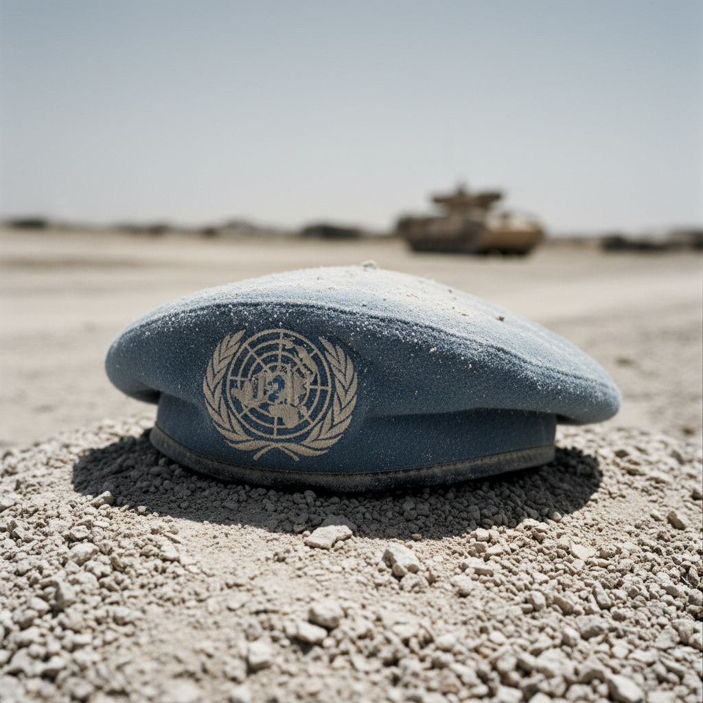 A low-angle shot of a Dutch peacekeeper’s discarded blue beret resting on a pile of sun-bleached gravel, the UN logo sli