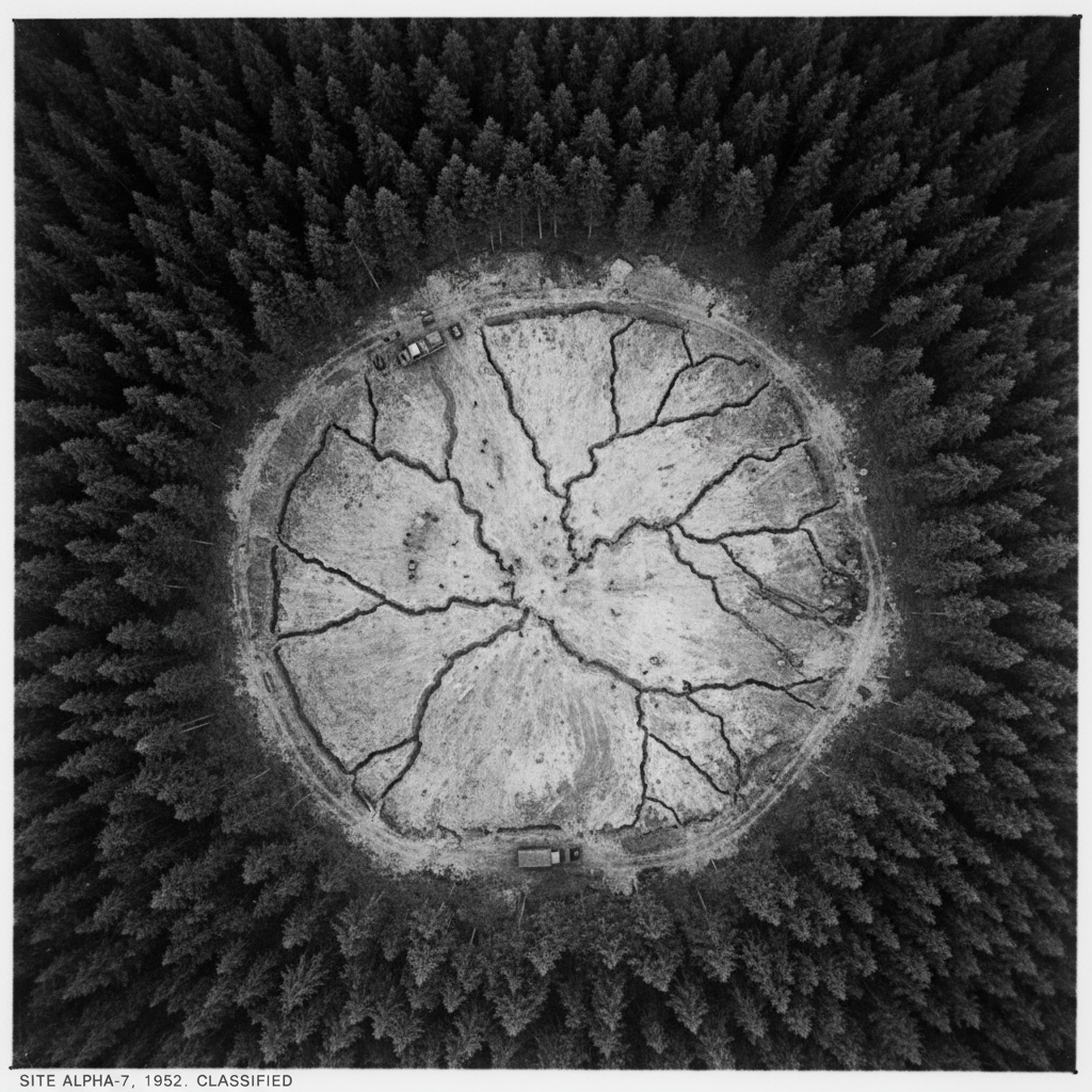 A grainy, black-and-white aerial surveillance photo showing the jagged, dark scars of excavated earth in a clearing surr