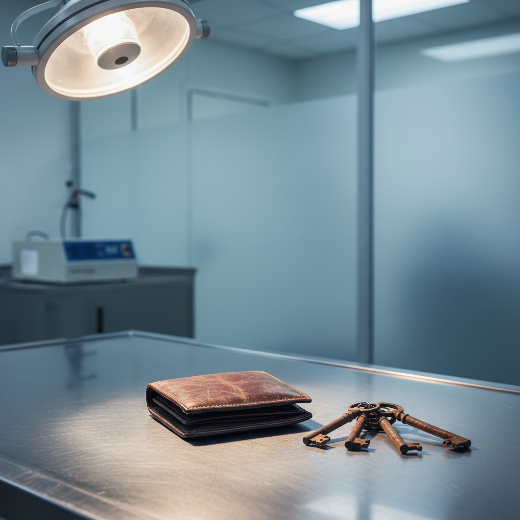 A stainless steel forensic table holding a single, perfectly preserved leather wallet and a rusted set of keys, illumina