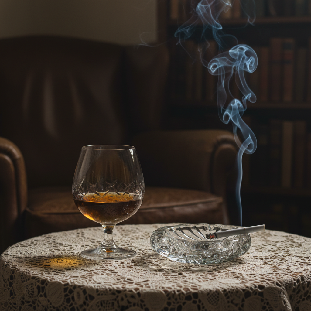 A close-up of a half-empty glass of amber brandy on a lace tablecloth, a lit cigarette smoldering in a crystal ashtray n
