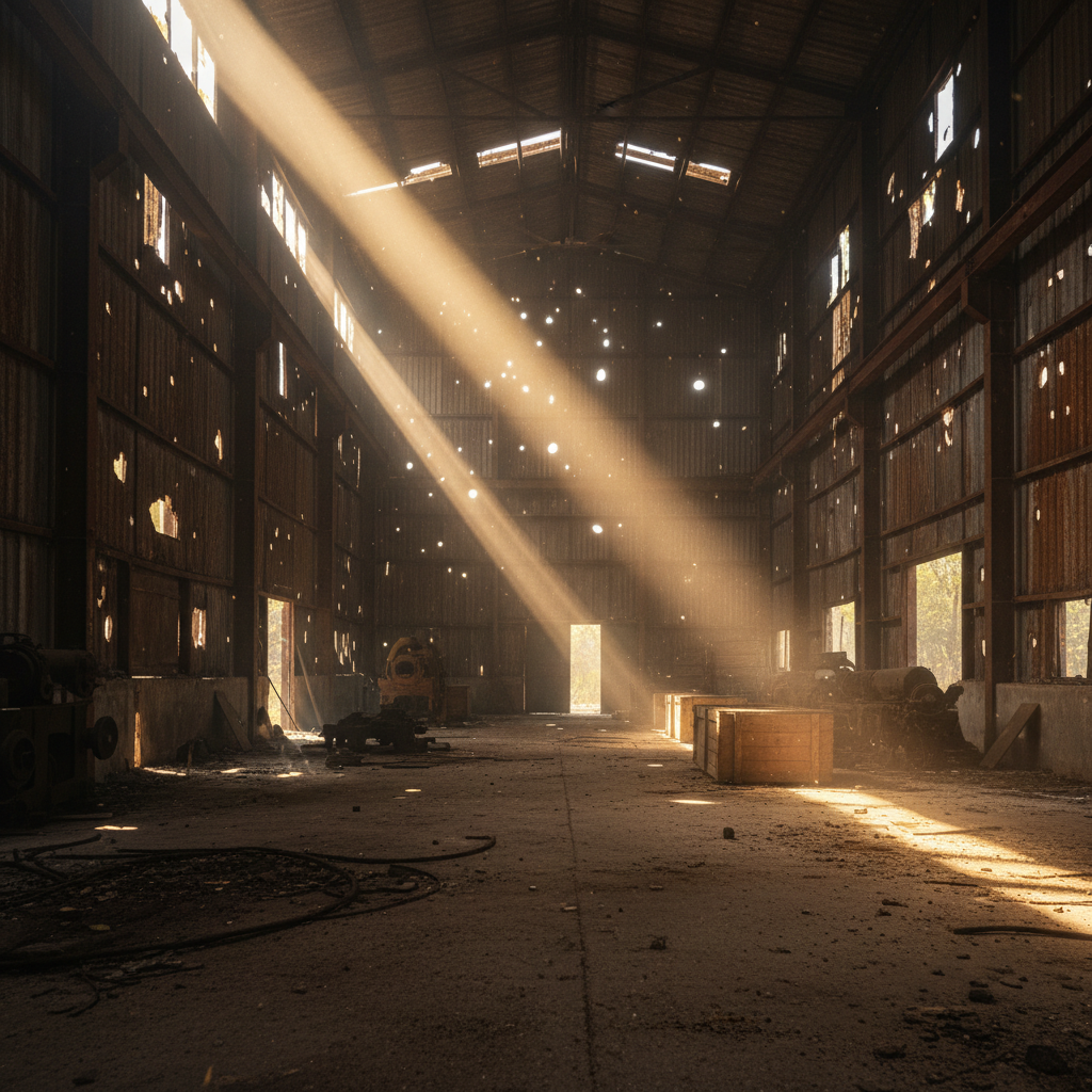The interior of a sun-drenched, empty warehouse with shafts of light piercing through bullet holes in the corrugated met